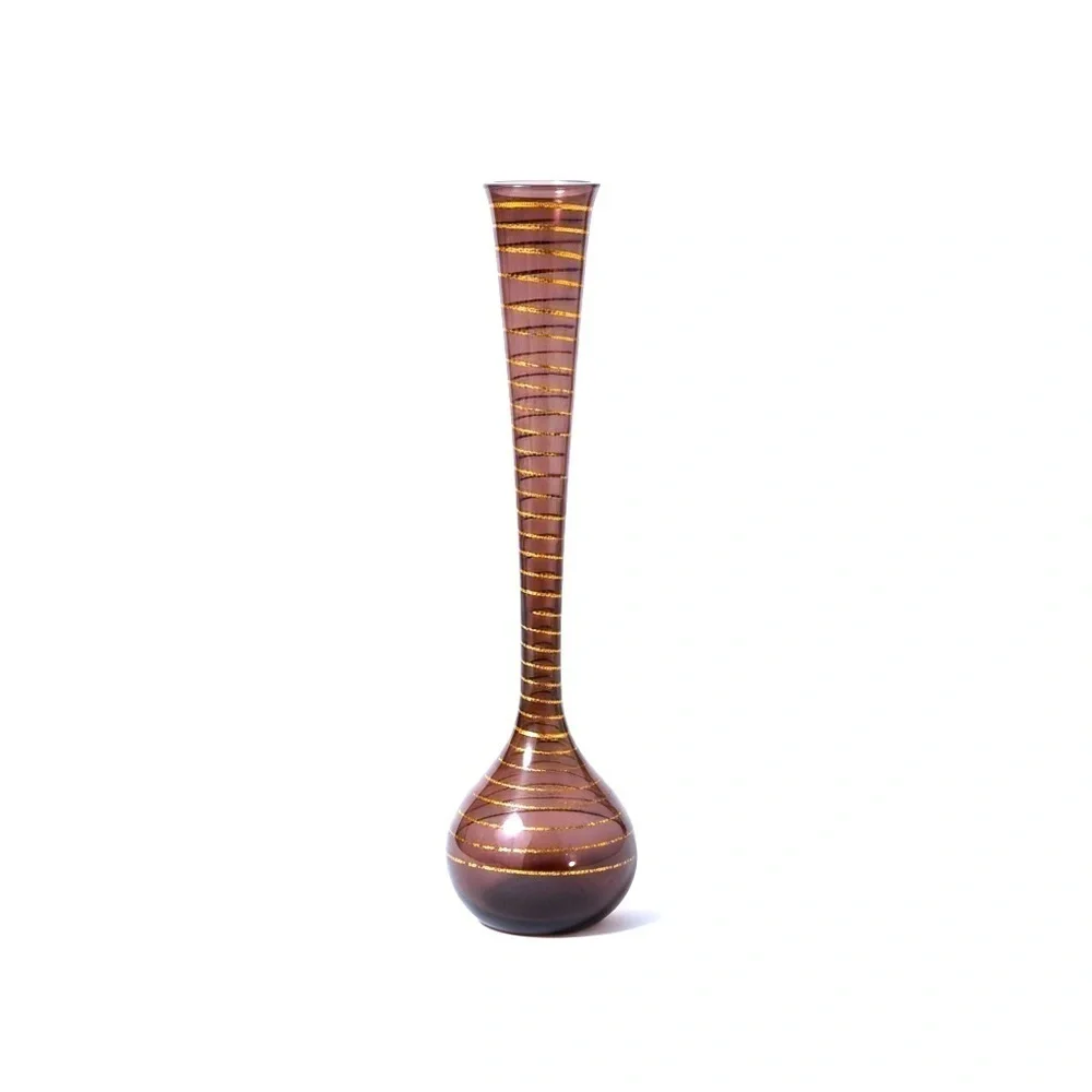 Elegant Handblown and Hand Decorated Purple and Gold Glass Vase- tall stem vase